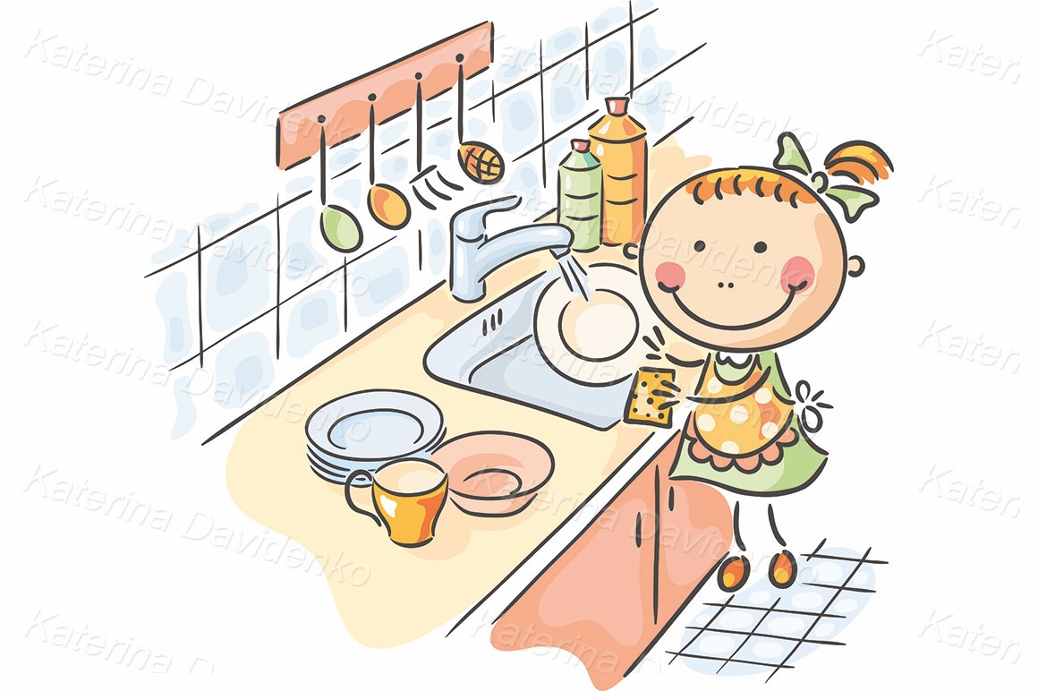 Cartoon girl wash the dishes