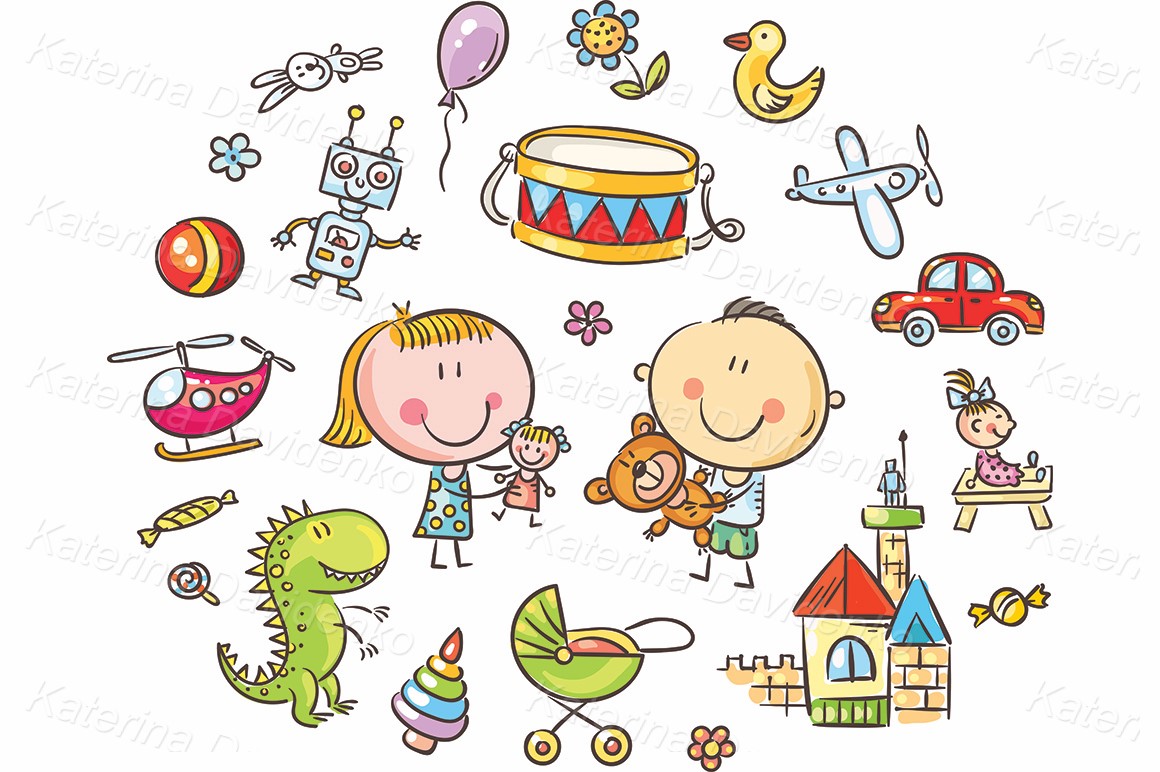 Doodle kids with different toys, clipart set