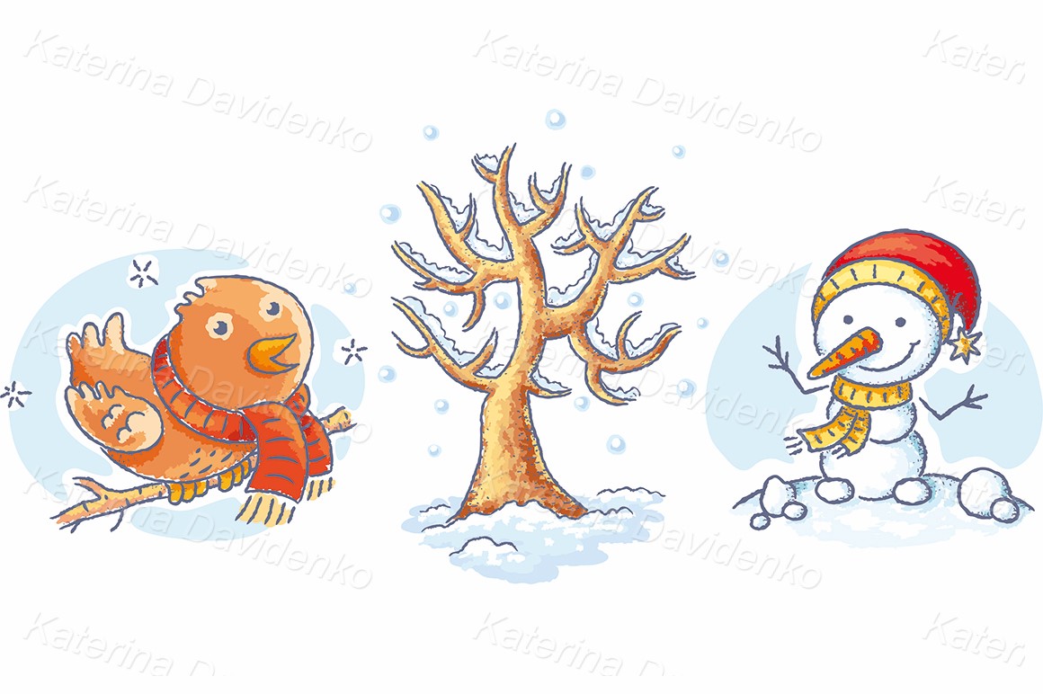 Cartoon winter elements - tree, bird and snowman
