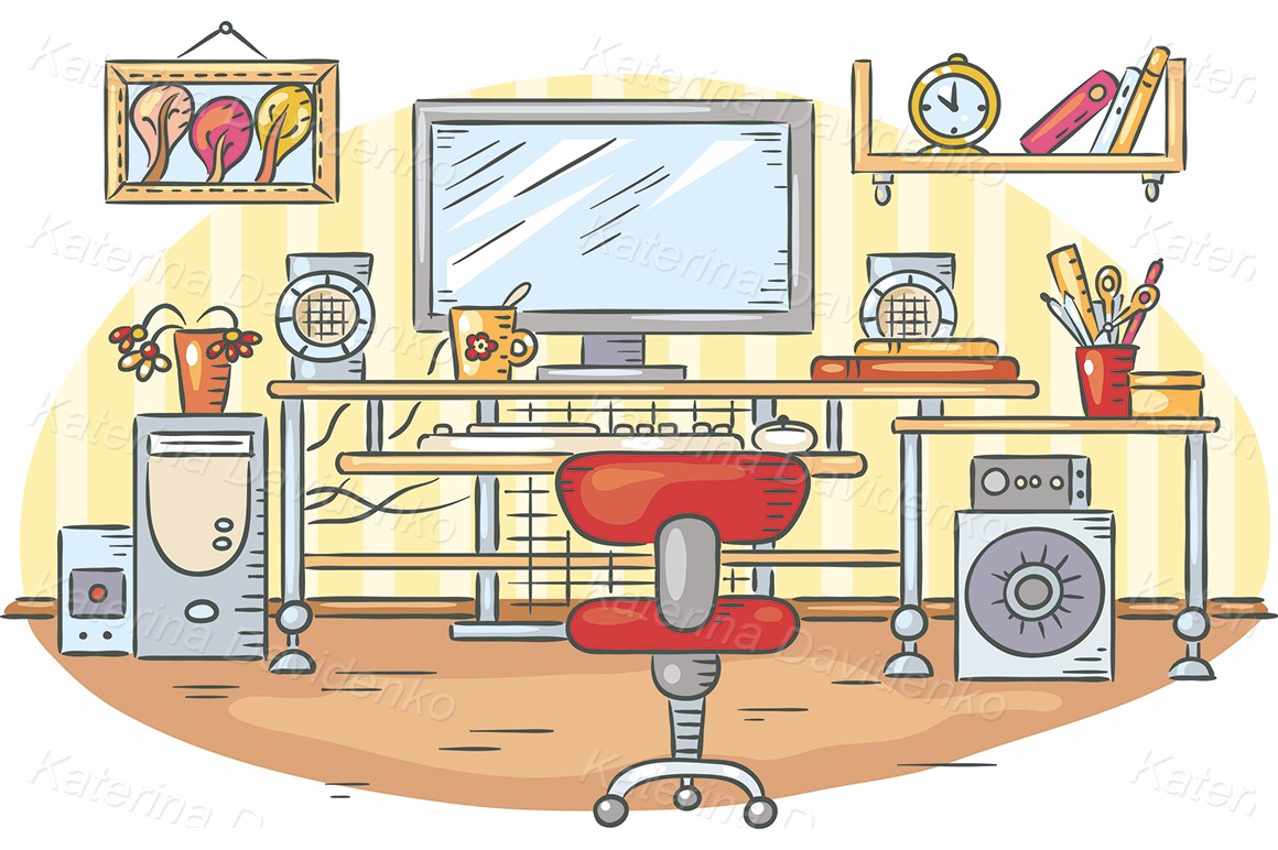 Cartoon illustration workplace with a computer table