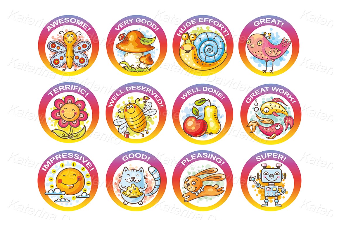 Digital set of cartoon stickers for encouraging kids