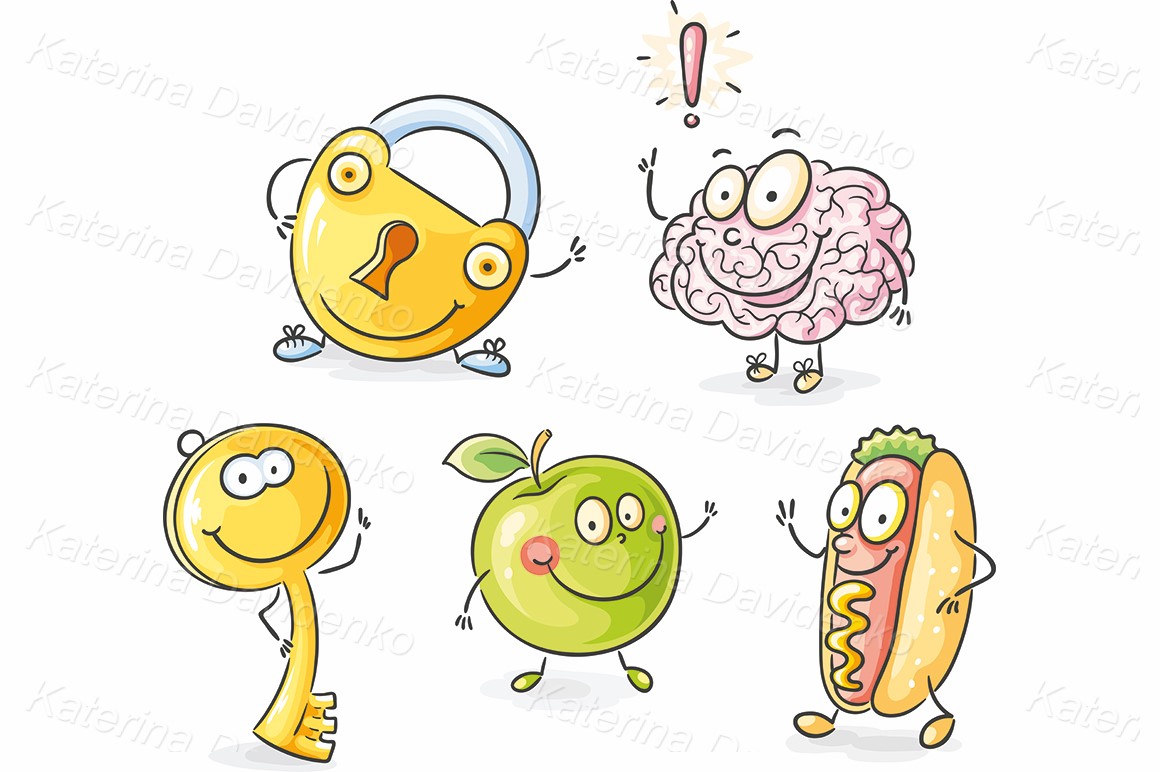 Cartoon clipart apple, hot dog, key, lock, brain