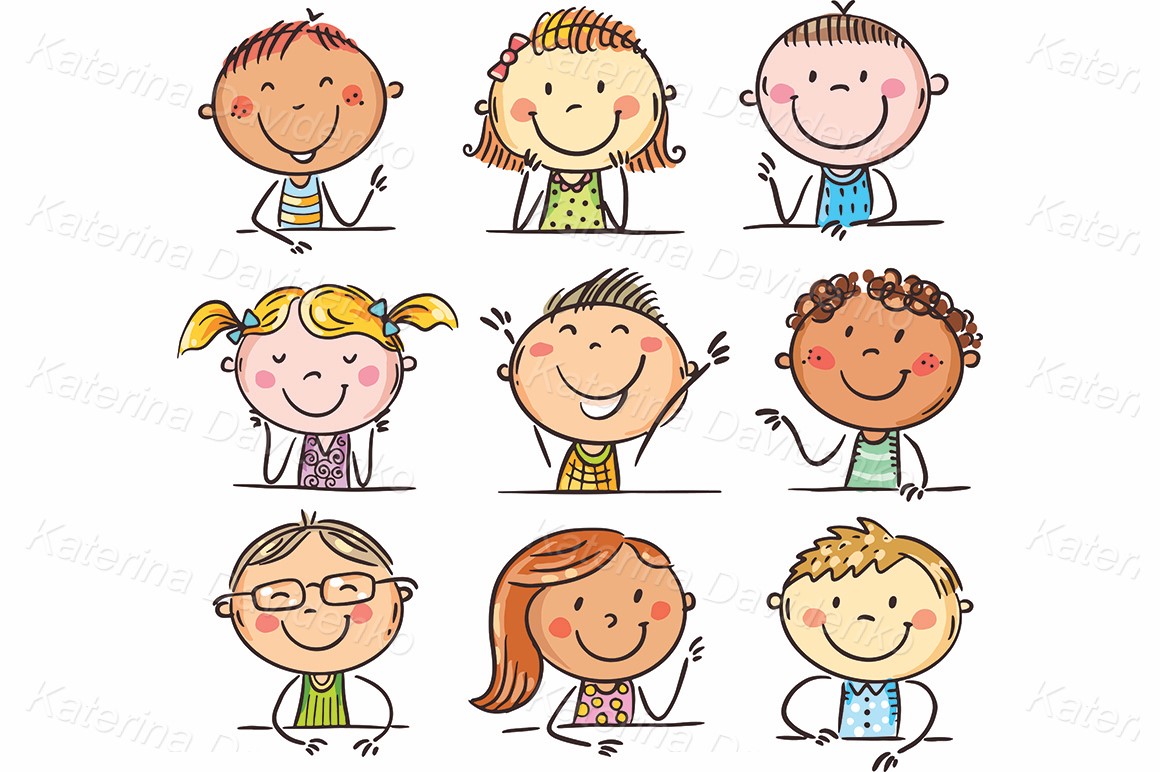Doodle kids set - happy children heads, cartoon characters