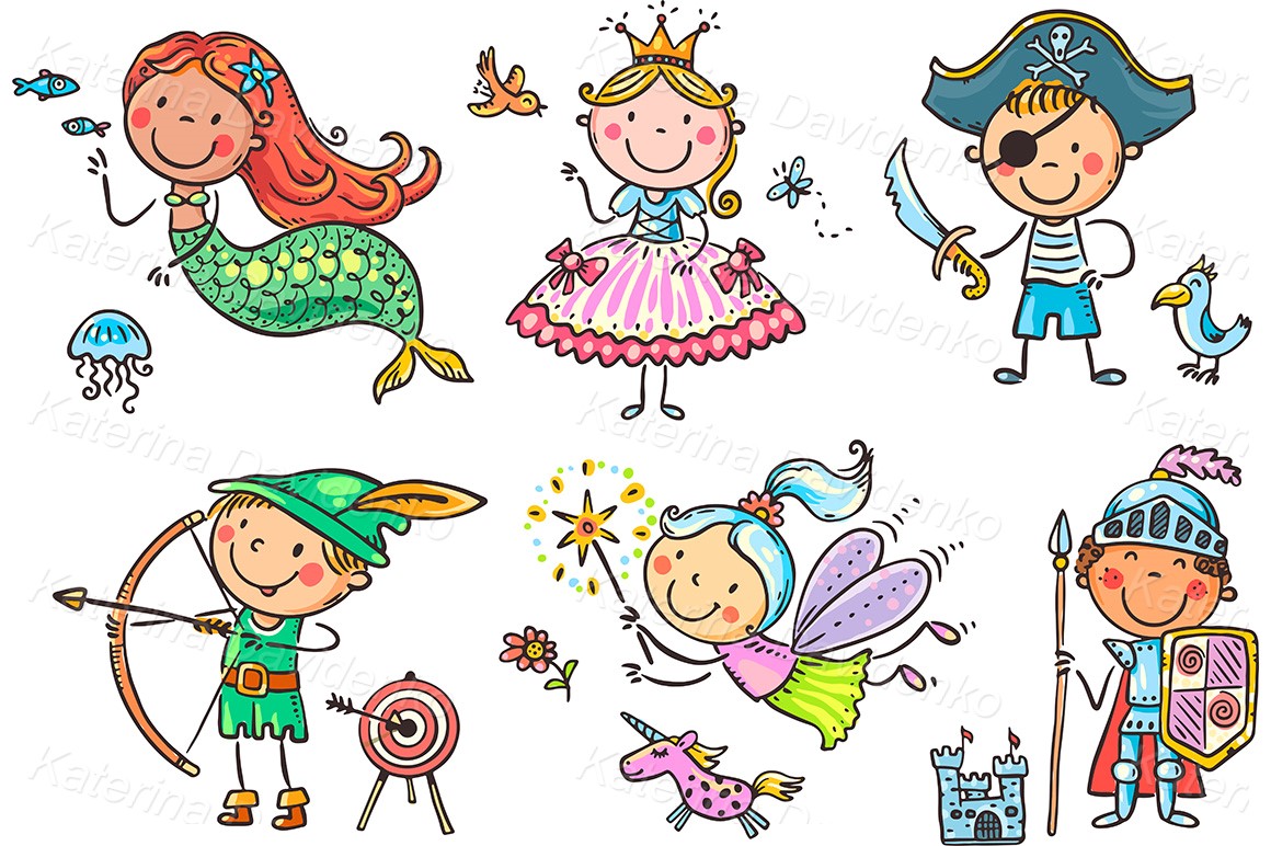 Clipart set of kids in costumes of fairytale characters