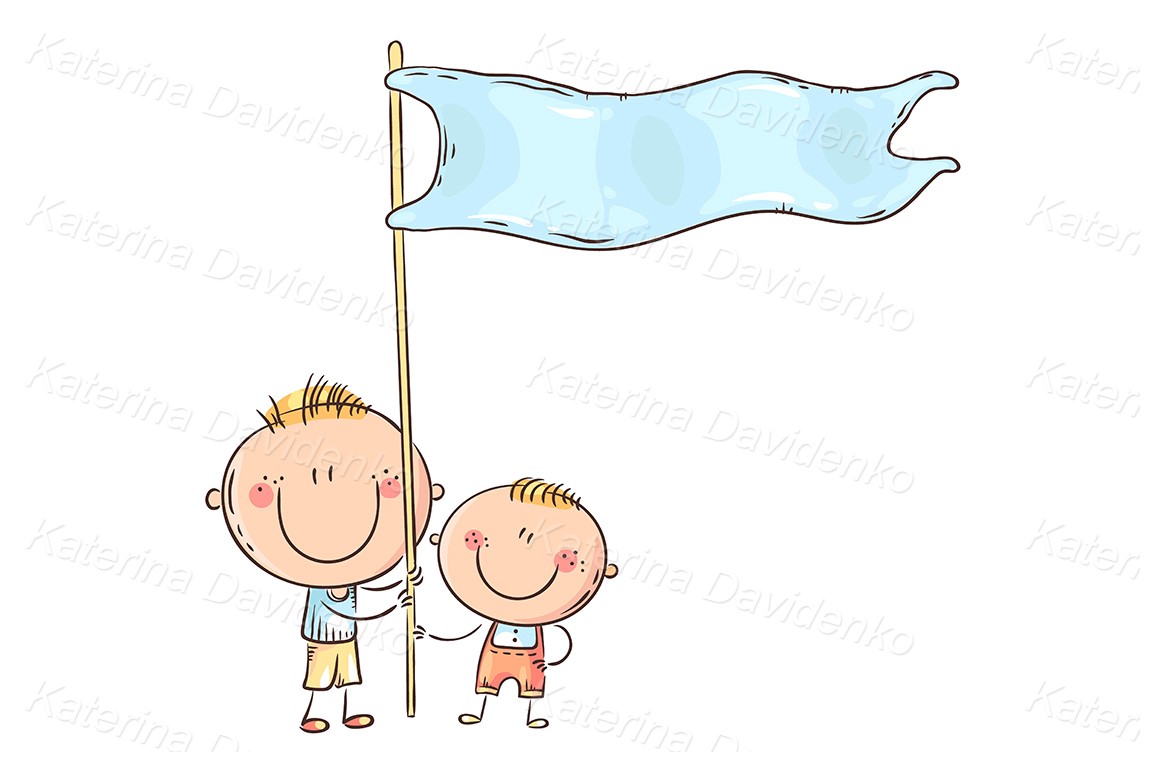 Kids holding flag, child drawing illustration