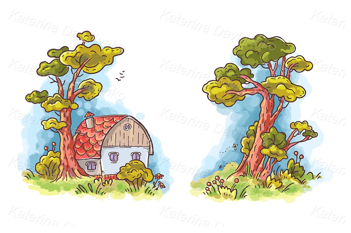 Cottage house in the woods cartoon