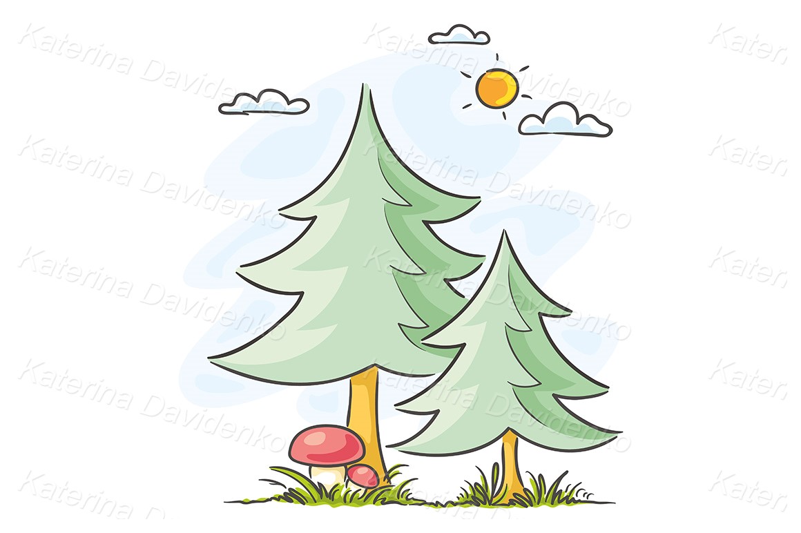 Child drawing fir-trees and mushrooms, doodle image