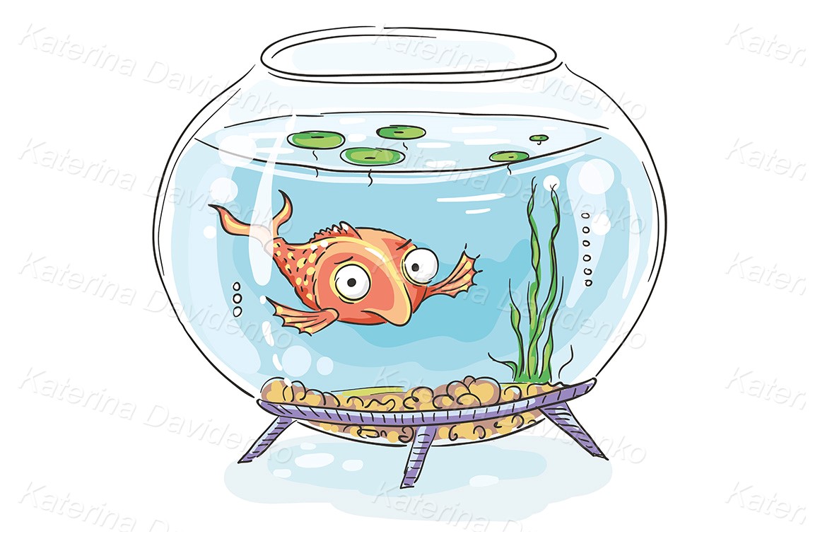 Cartoon fish in a fishbowl, child drawing
