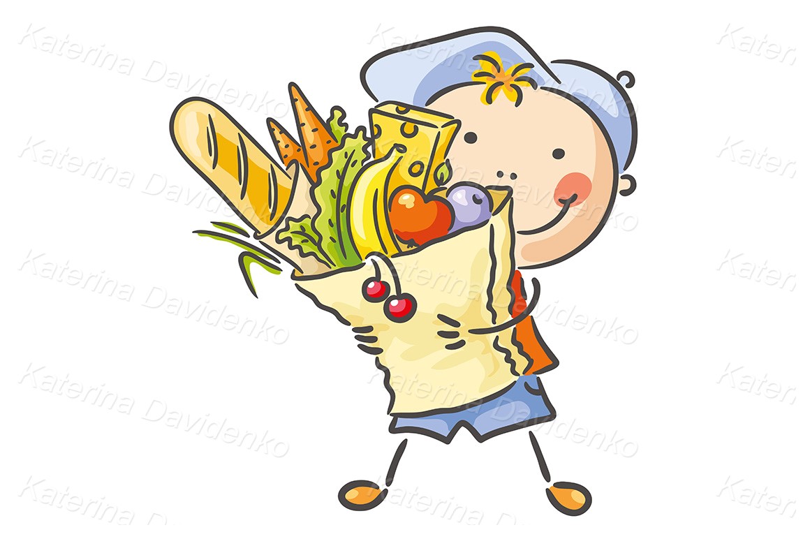 Doodle cute cartoon boy with big bag of food