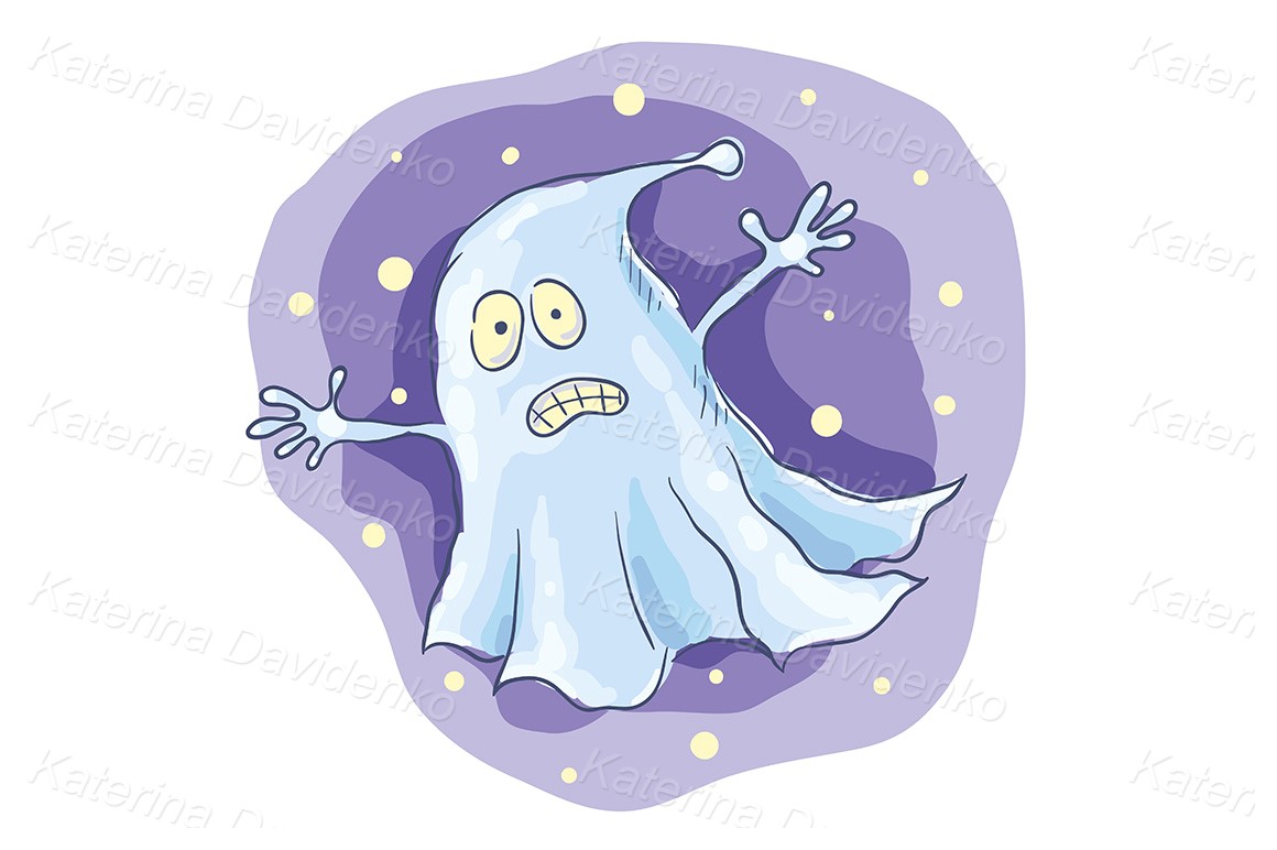 Hand-drawn vector drawing of a Cartoon Ghost At Midnight