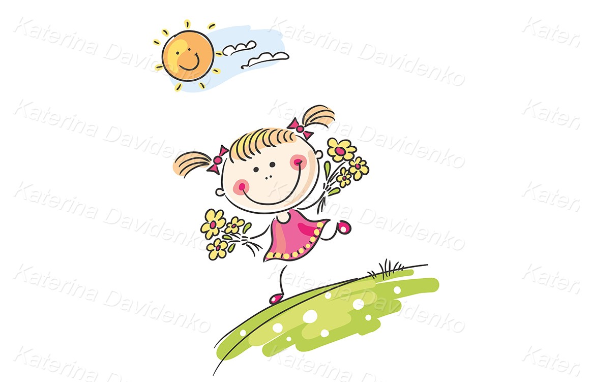 Doodle cartoon girl with flowers, stick figure vector illustration
