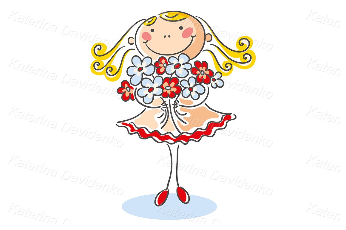 Stick fugure hand-drawn happy girl with flowers, doodle kid vector illustratio