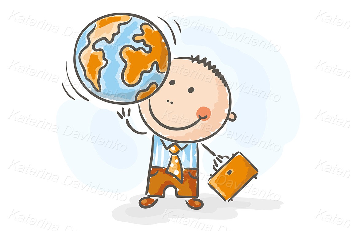 Cartoon stick people, businessman holding the globe