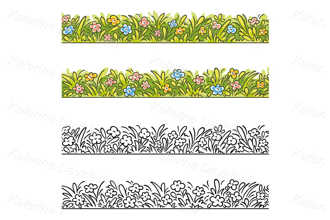 Seamless border of cartoon grass and flowers