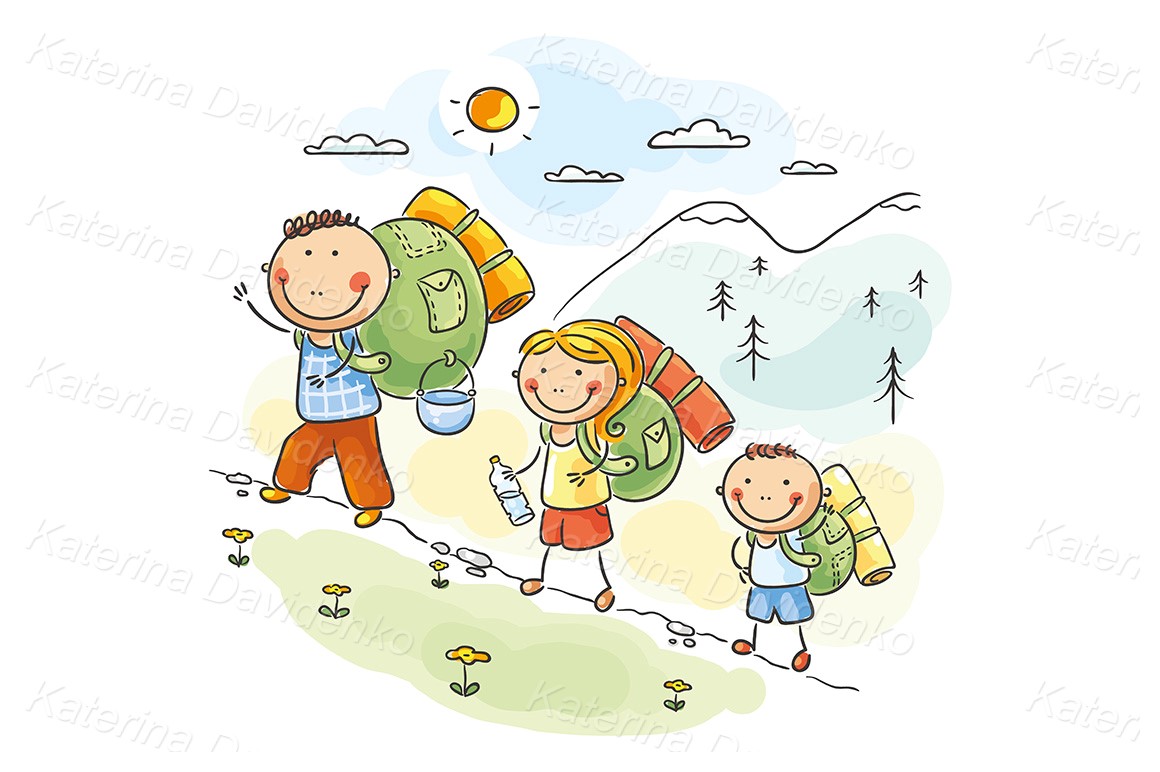 Family hiking in the mountains. Sketch, hand drawn doodle vector illustration