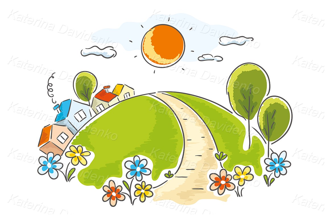 Hand drawn cartoon landscape with little houses, trees and flowers