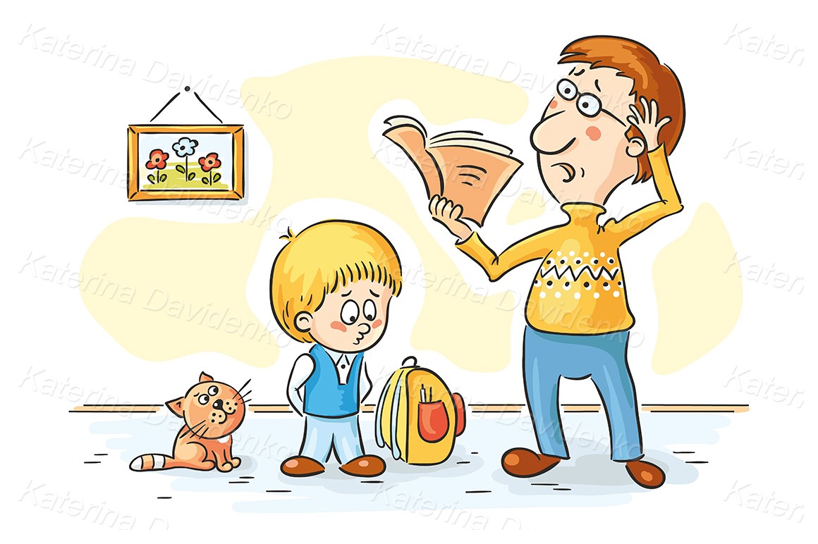 Cartoon scenes of family life. Parent checks the child's homework
