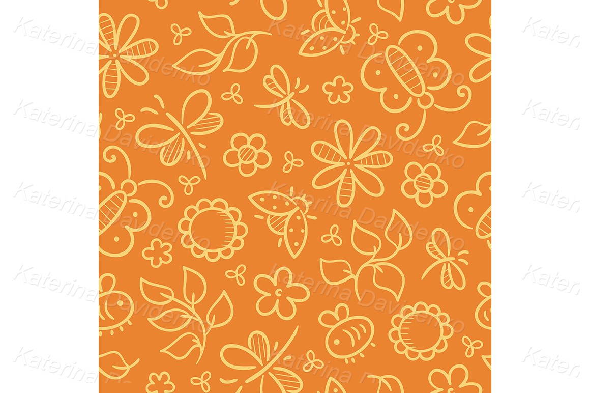 Seamless pattern with flowers and insects, doodle hand drawn vector illustration