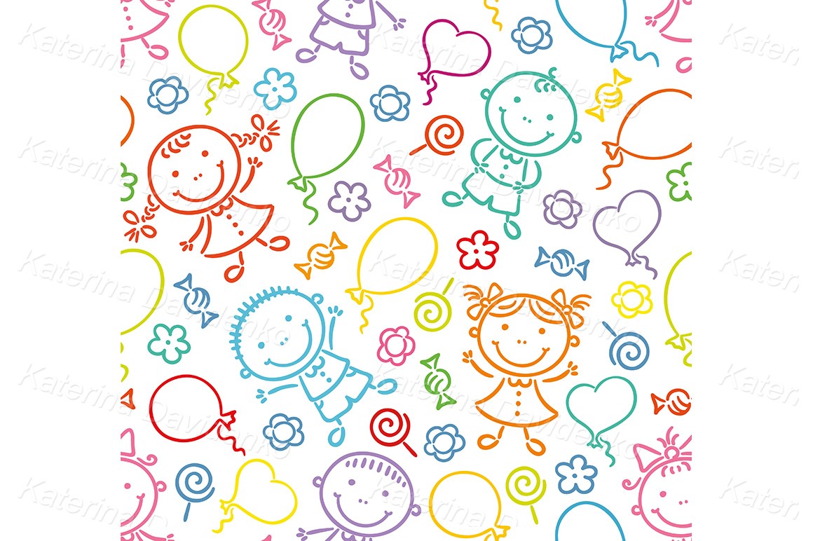 Seamless pattern with happy kids, balloons, sweets and flowers. Doodle cartoon illustration