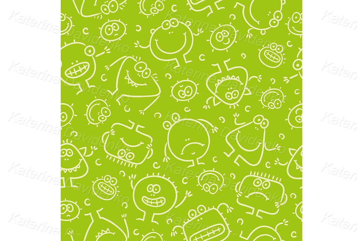 Seamless pattern with little monster. Doodle hand drawn vector illustration