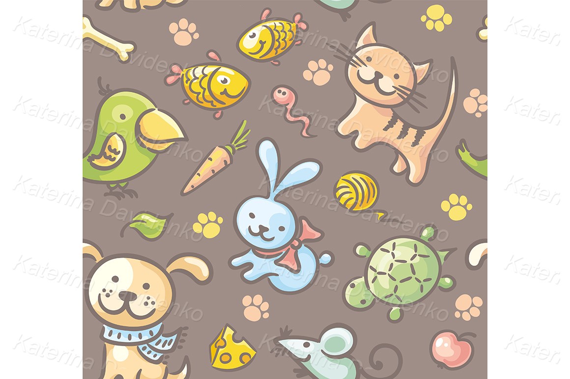 Seamless pattern with pets and their food. Doodle child drawing vector illustration