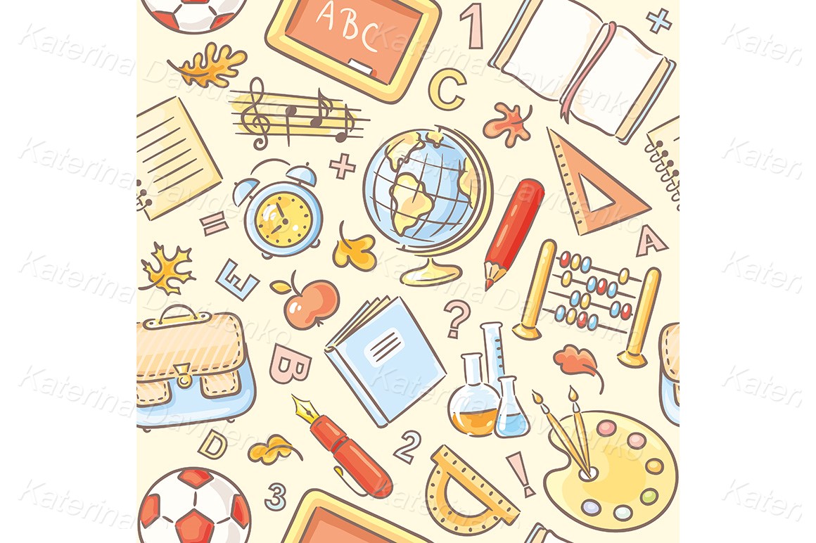 Seamless pattern with school things. Childs drawing doodle vector illustration