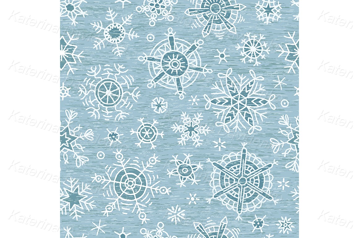 Seamless blue pattern with snowflakes. Christmas ornaments hand drawn vector illustration