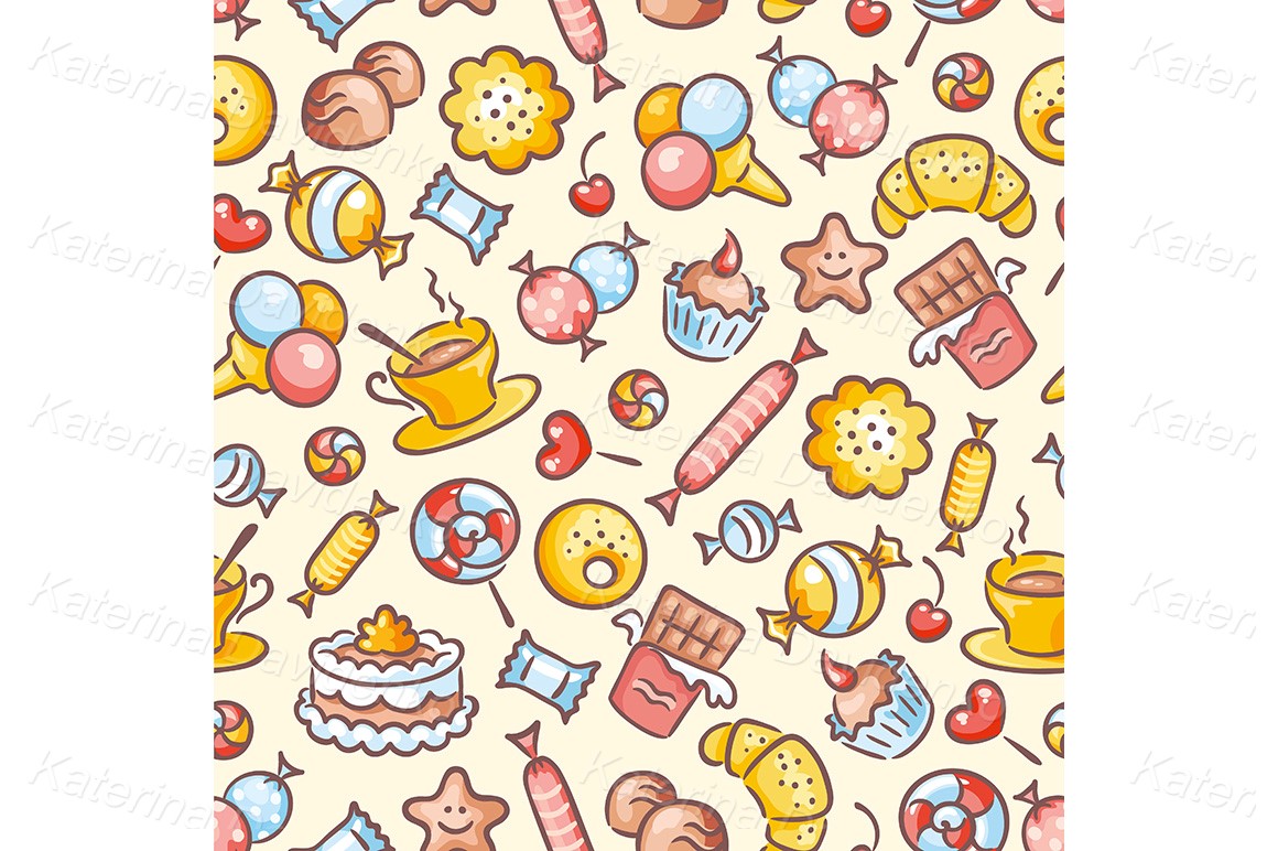 Seamless sweets pattern. Child drawing cartoon design element