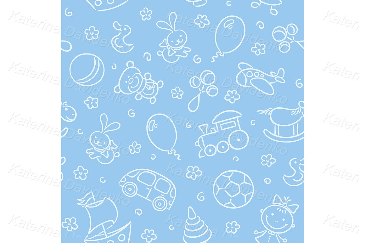 Seamless pattern with kids toys. Hand drawn vector illustration