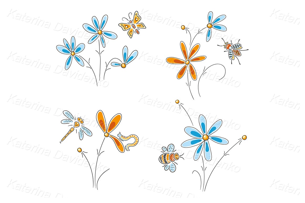 Hand drawn cartoon flowers, insects clipart set