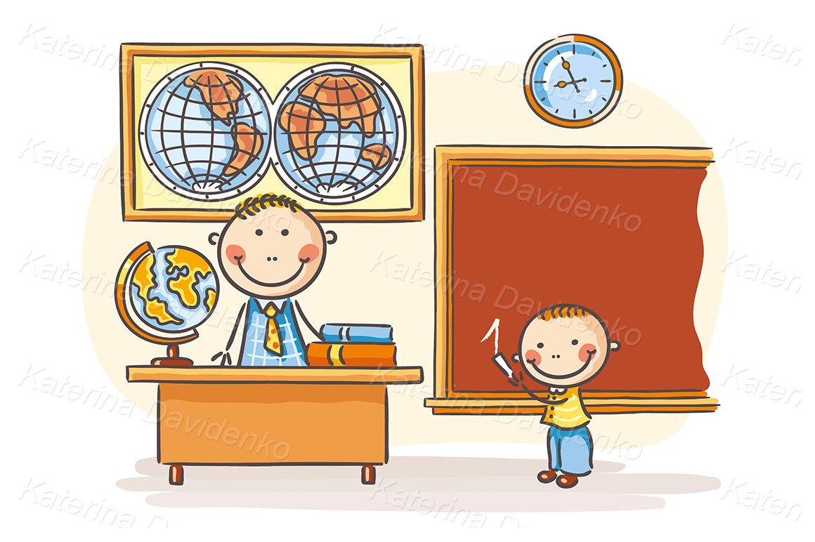 School clipart. Hand drawn cartoon teacher and a pupil at the lesson