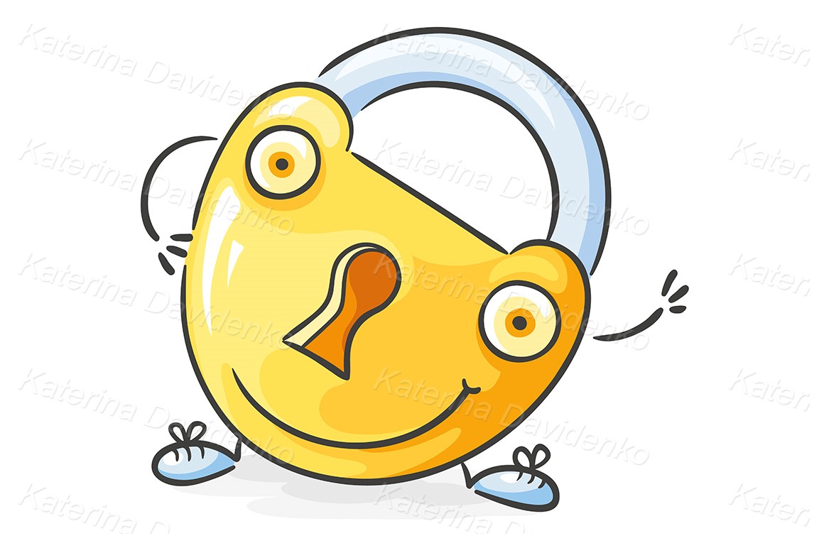 Hand drawn cartoon golden lock with a smiling face
