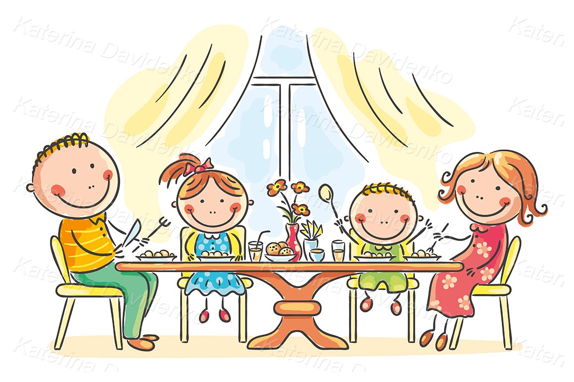 Cartoon doodle family having meal together. Stick people svg