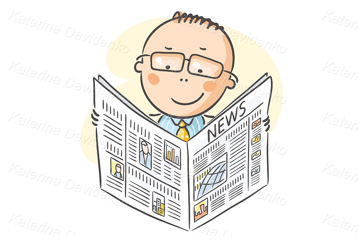 Hand drawn cartoon man reading newspaper. Stick people image