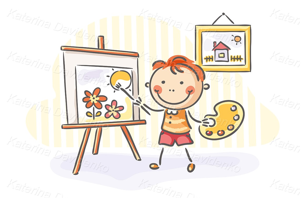 Cartoon doodle little child painting a picture. Kid clipart