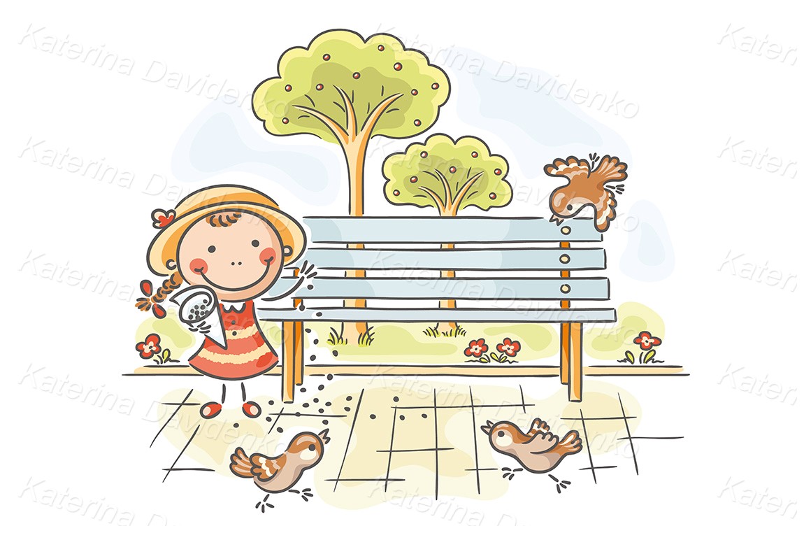 Childs drawing, doodle cartoon happy girl feeding sparrows in the park