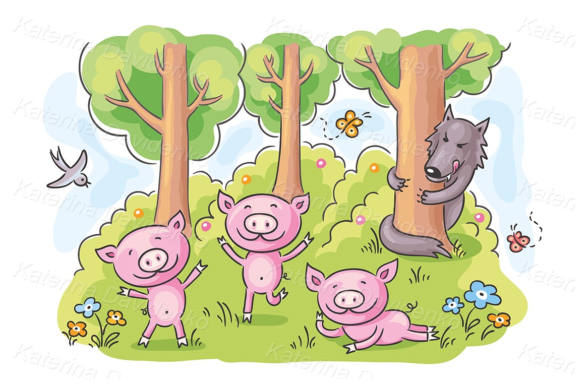 Hand drawn cartoon illustration. Three pigs fairy tale