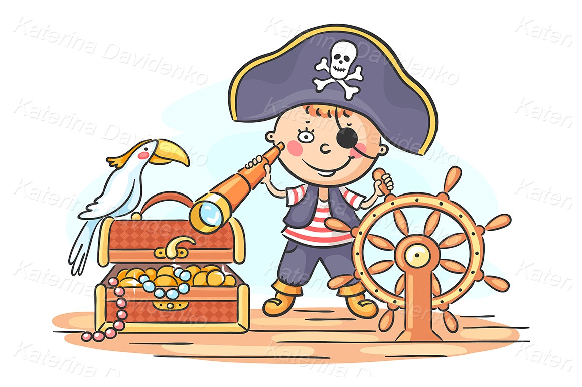 Cartoon vector illustration. Little boy playing pirate