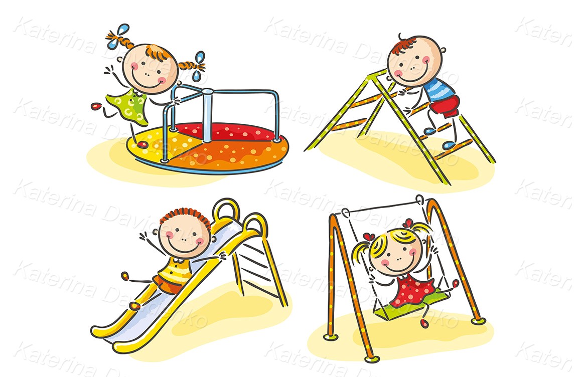Doodle cartoon kids on playground. Clipart set