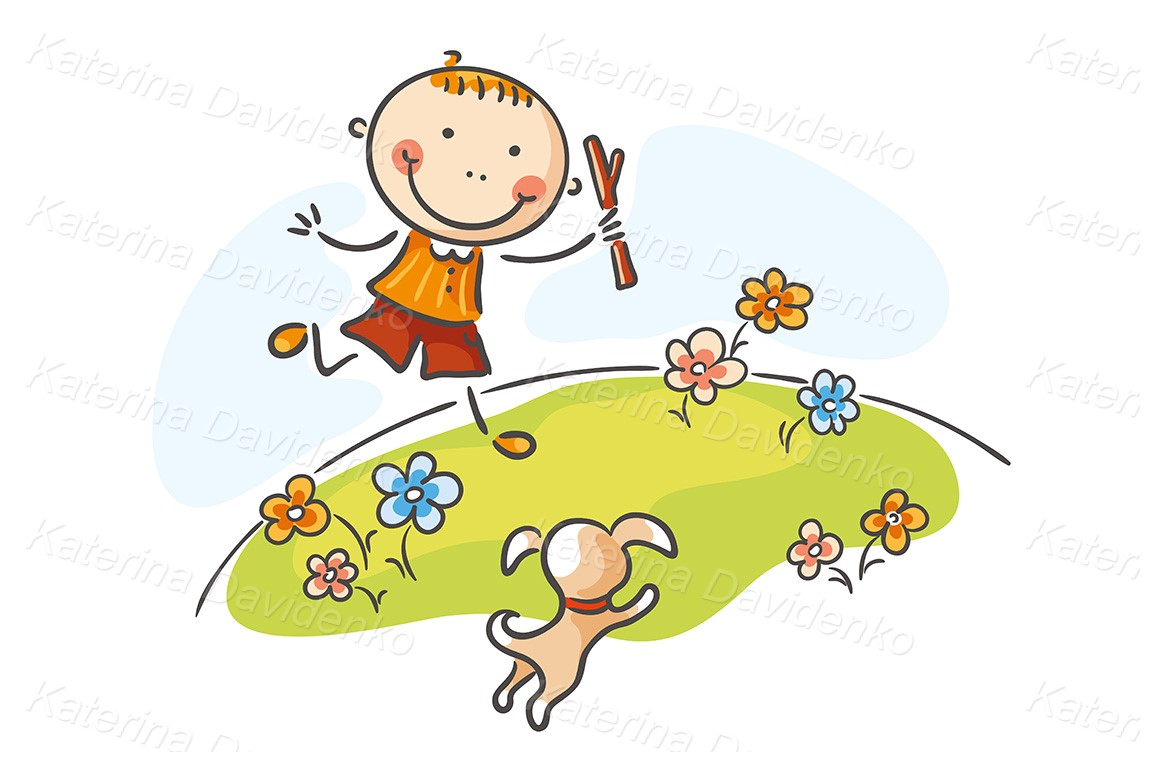 Happy cartoon stick boy playing with his dog outdoors