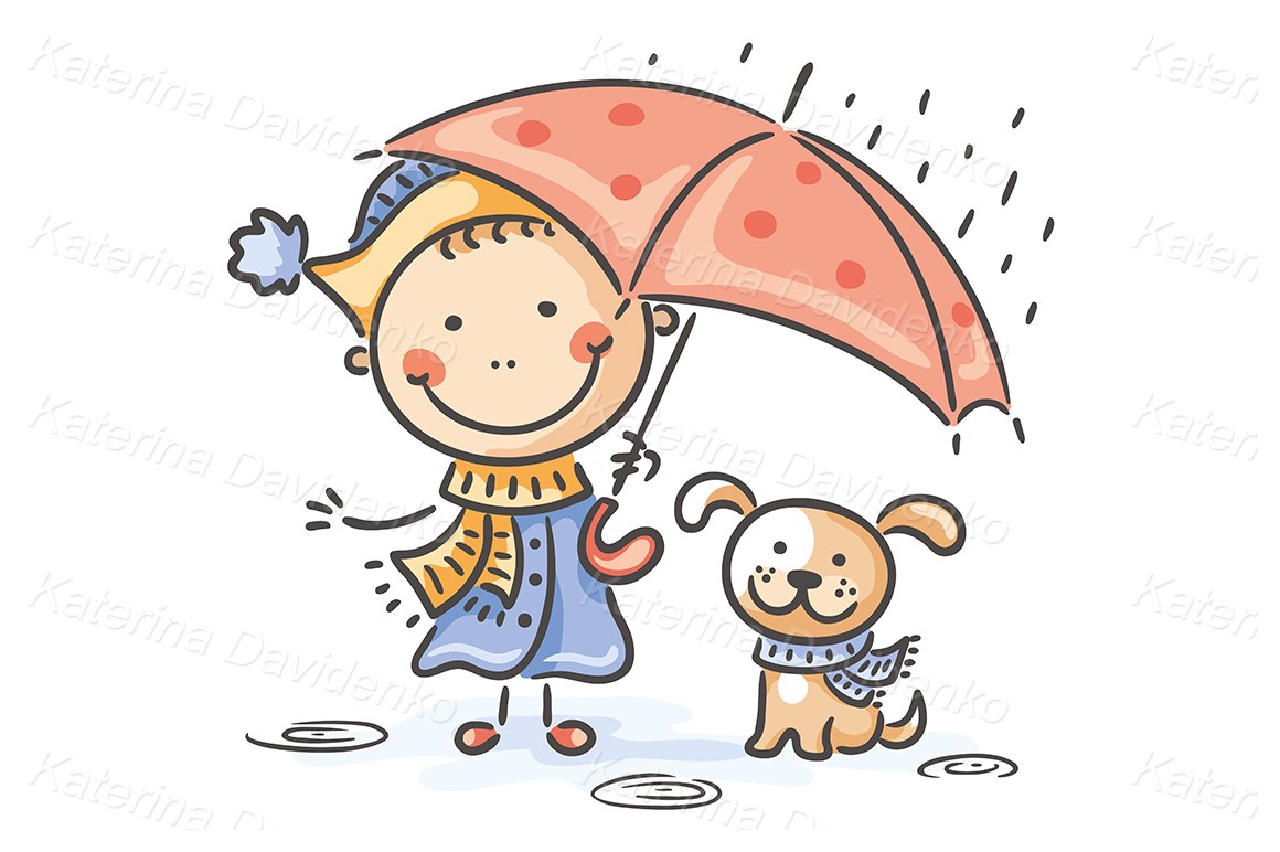 Child's drawing cartoon cute girl under the umbrella