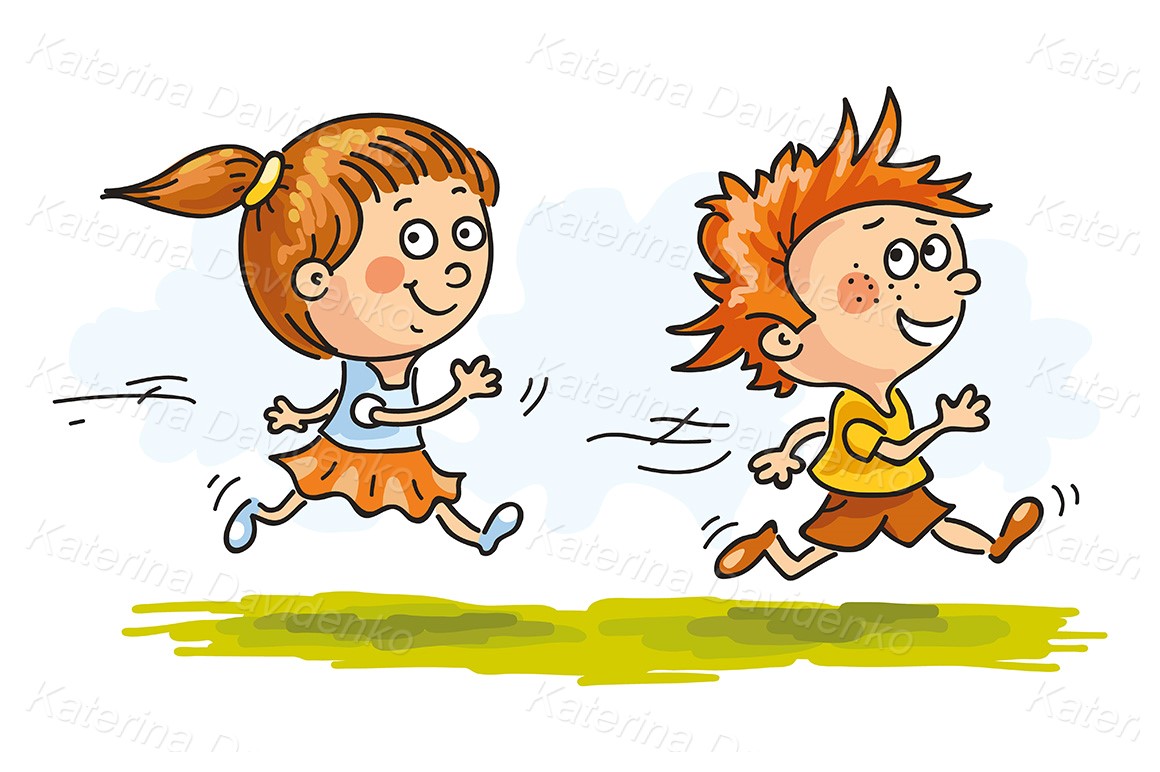 Kids clipart, Cartoon boy and girl running quickly