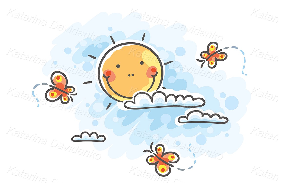 Child's drawing sun clouds butterflies svg pdf image