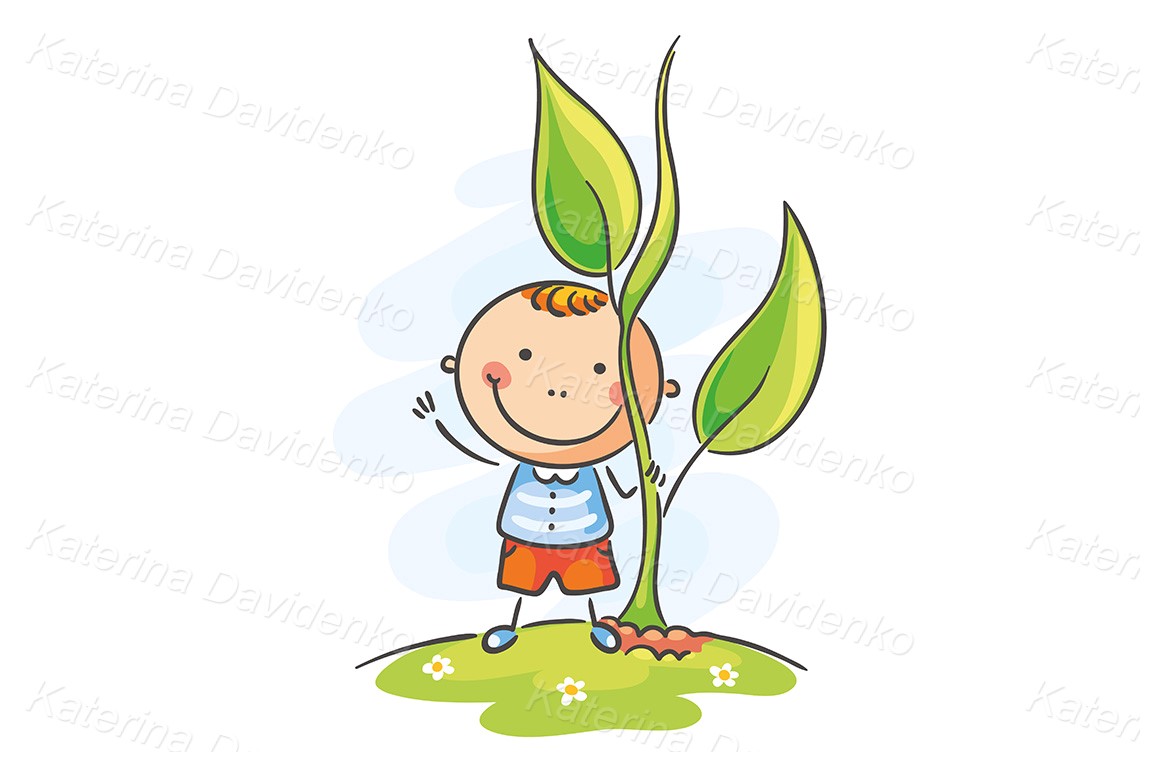 Environment nature clipart stock image. Cartoon doodle kid with giant sprout