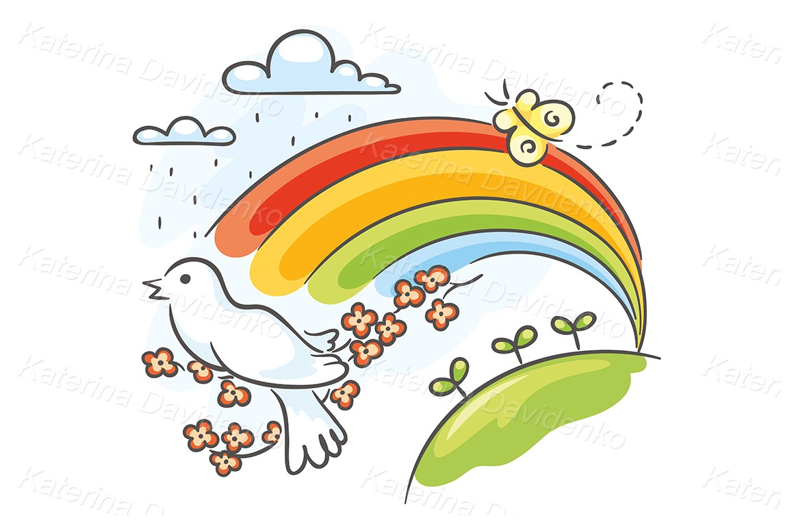 Spring drawing with a bird and rainbow. Image clipart stock