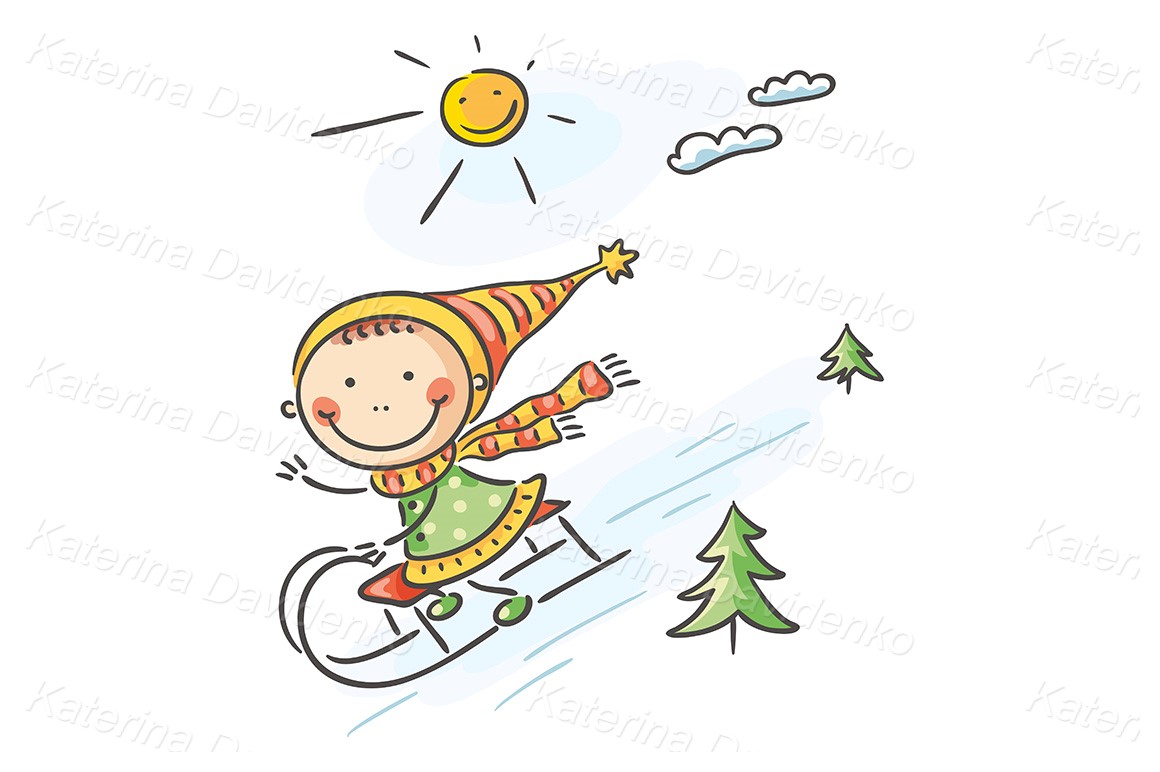 Hand drawn cartoon kid winter clipart sledging image