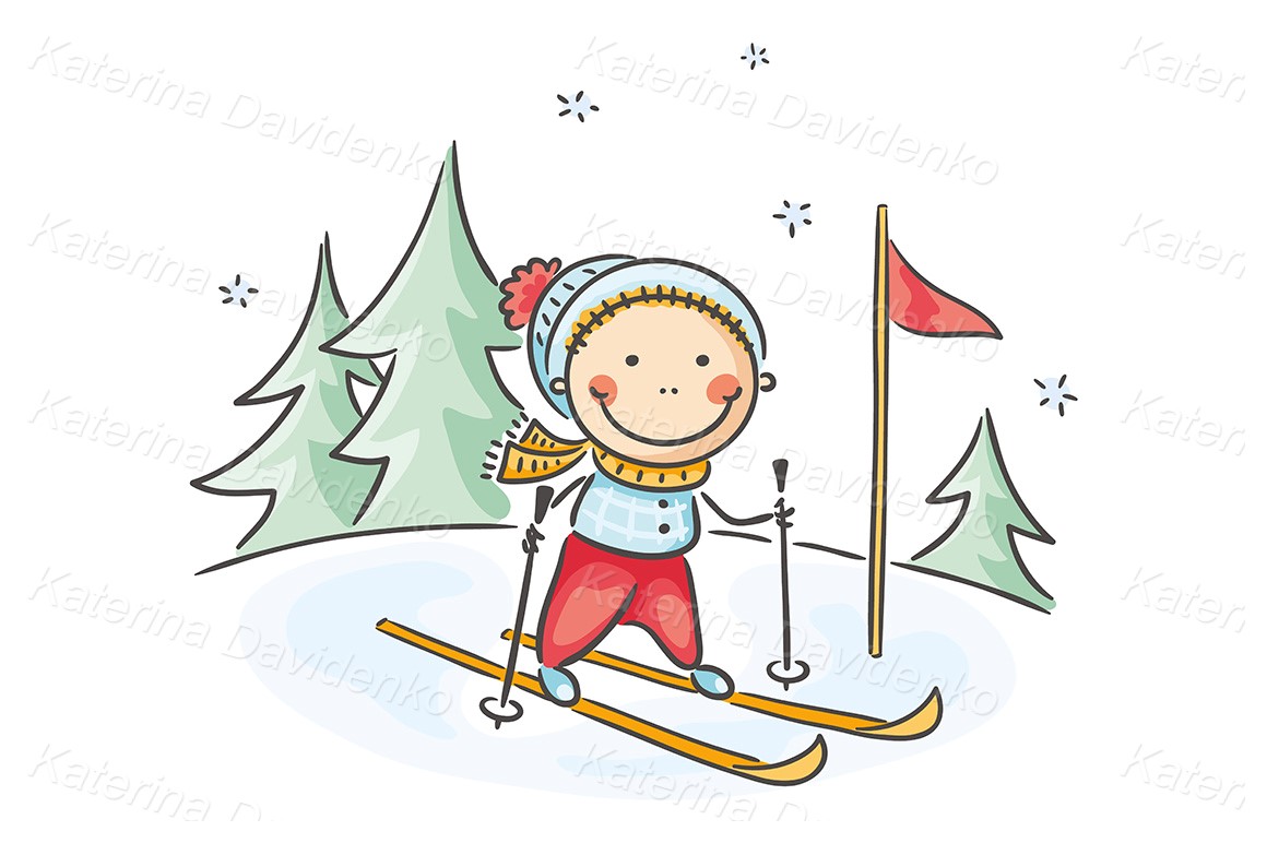 Child's drawing cartoon boy's winter activities skiing