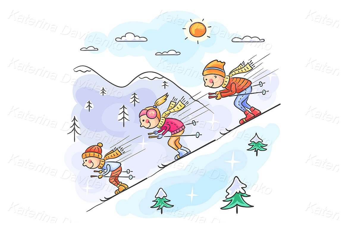 Cartoon family skiing in the mountains together. Vector illustration family clipart