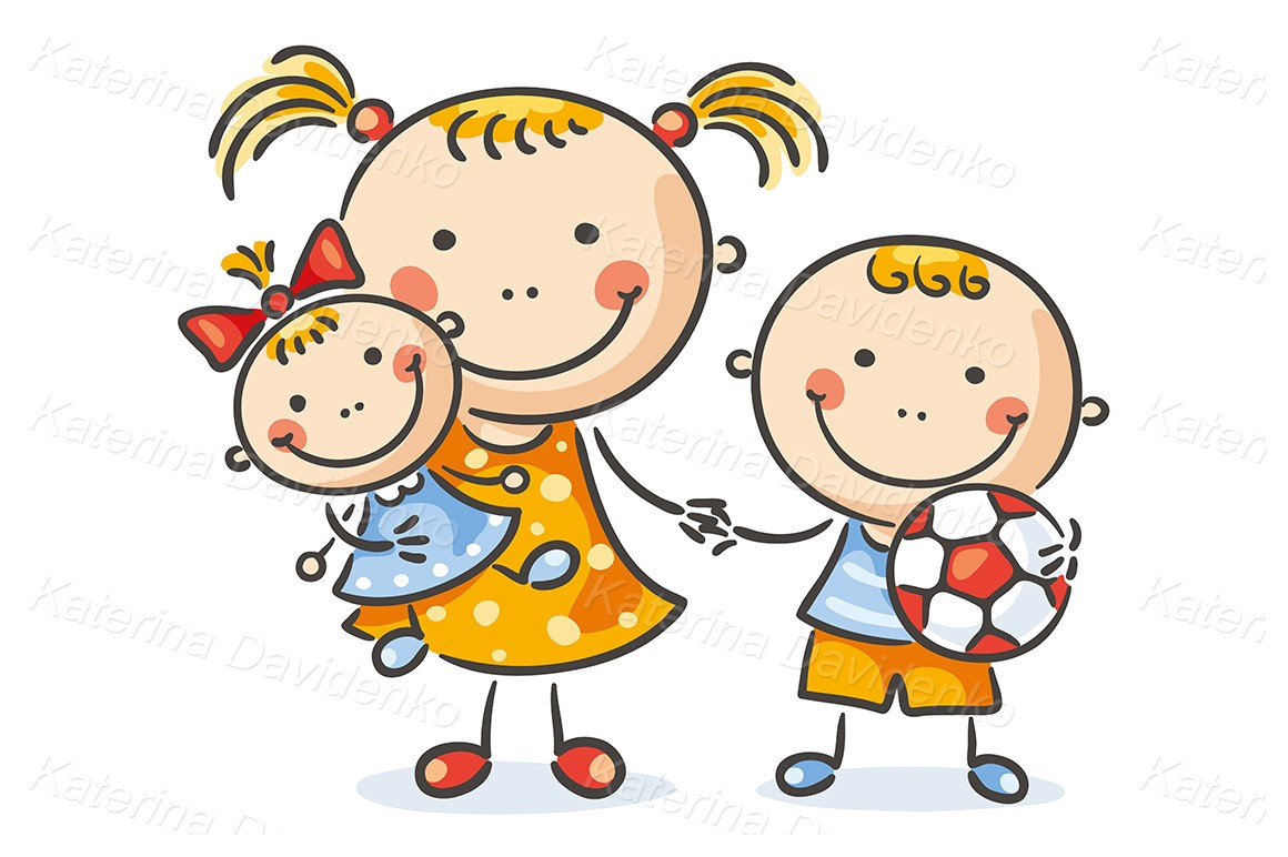 Cartoon children holding hands. Stick figure sister brother image