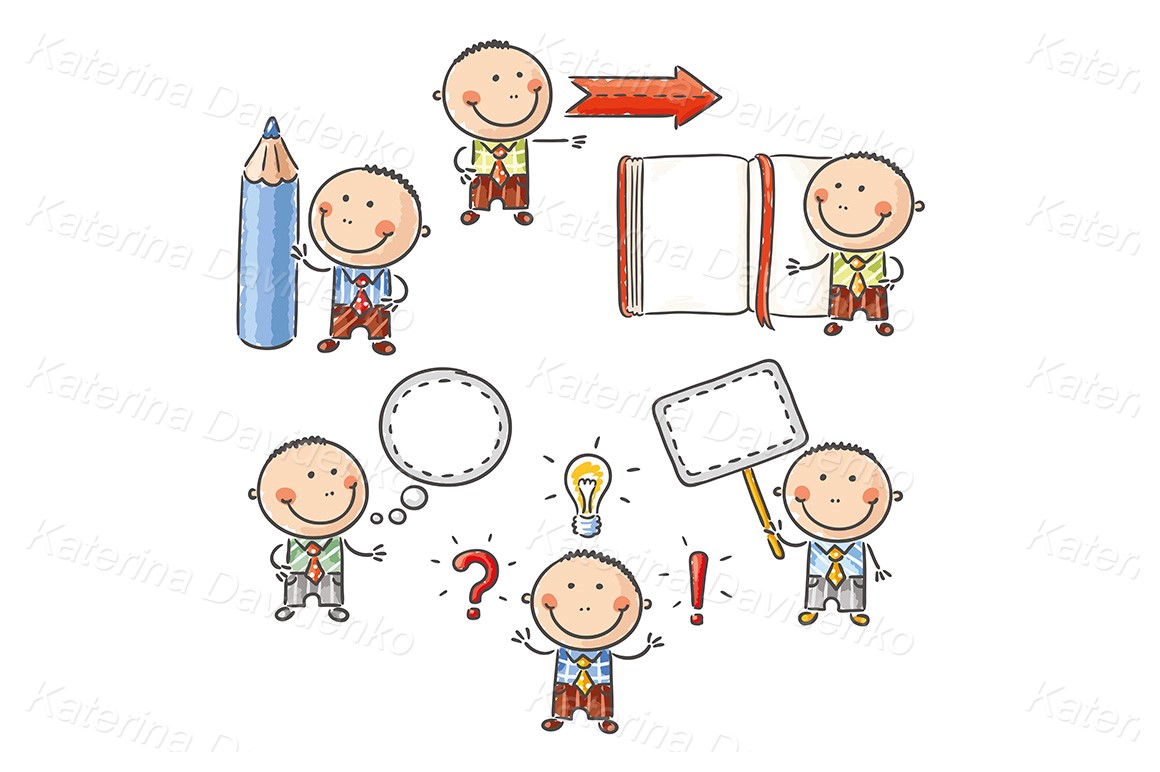 Doodle cartoon business man with sign, blank, copy space, book, pencil or speech bubble